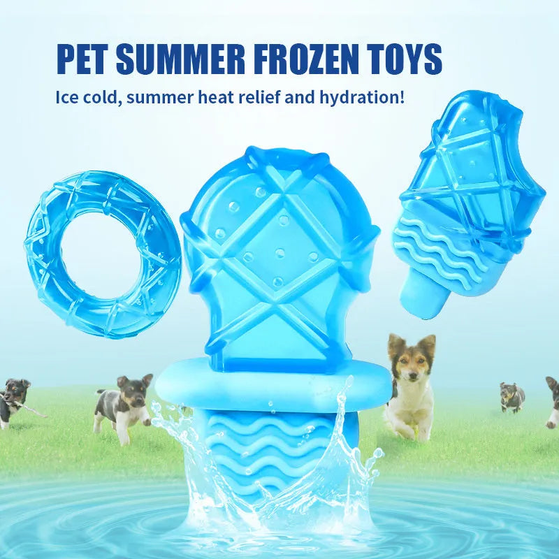 Set of three hollow silicone dog toys: a blue pacifier, a red popsicle, and a green ring for filling with water and freezing.