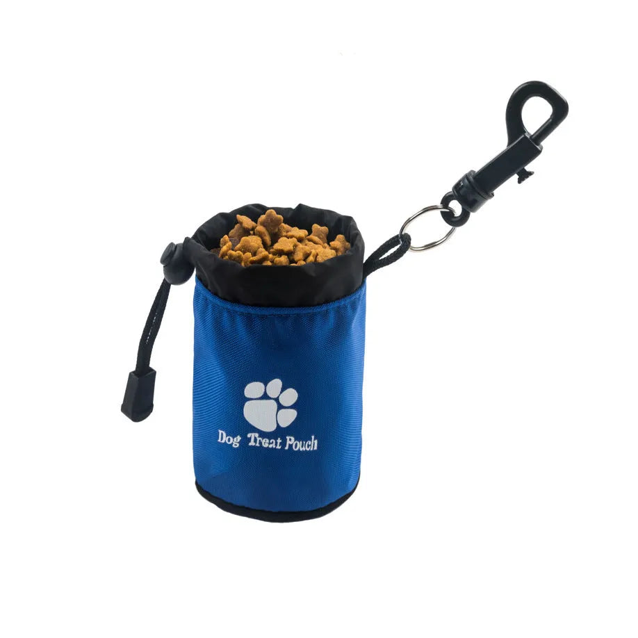 Mini pet snack training bag in blue Nylon with a dog food pack.