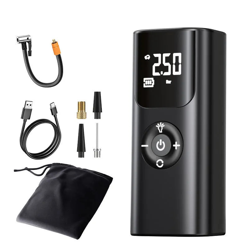 Car portable wireless tyre inflator 80W ABS air pump with pressure gauge and warning light in black