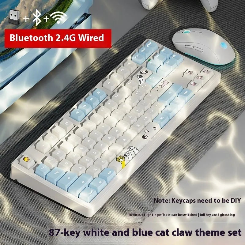 Triple-mode mechanical keyboard in various colour options showing 87-key and 108-key layouts