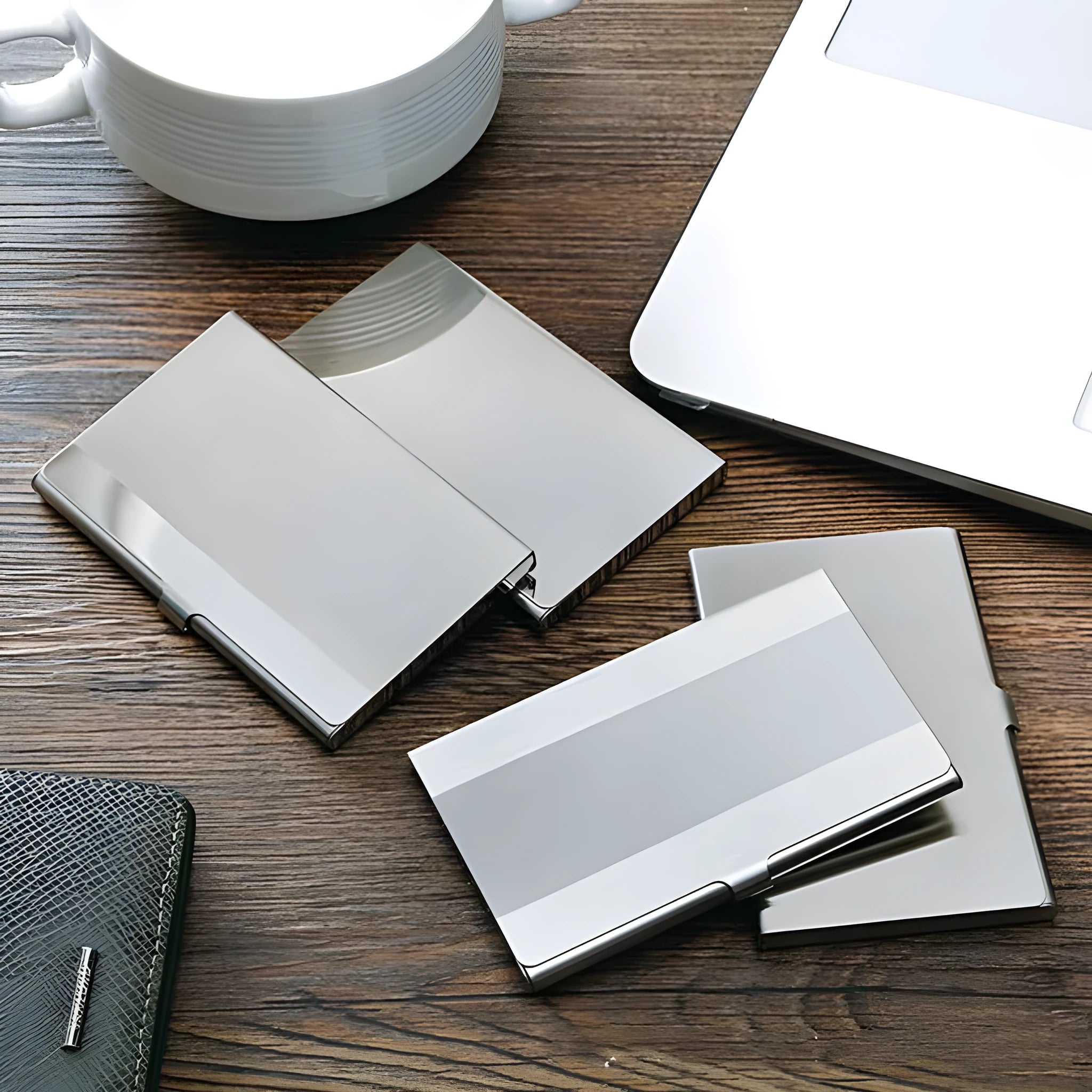 304 stainless steel business card case with laser geometric sculpture and mirror finish