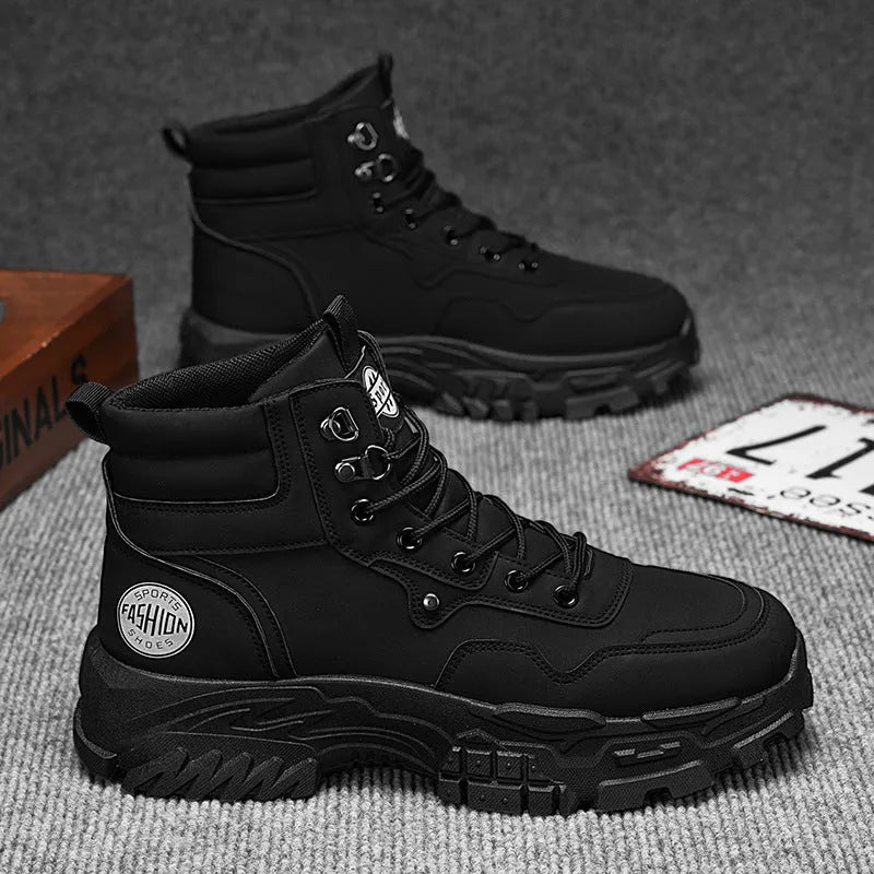 Men's black and yellow Martin boots showing high-top design with artificial PU upper and injection-moulded sole
