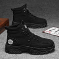 Men's black and yellow Martin boots showing high-top design with artificial PU upper and injection-moulded sole