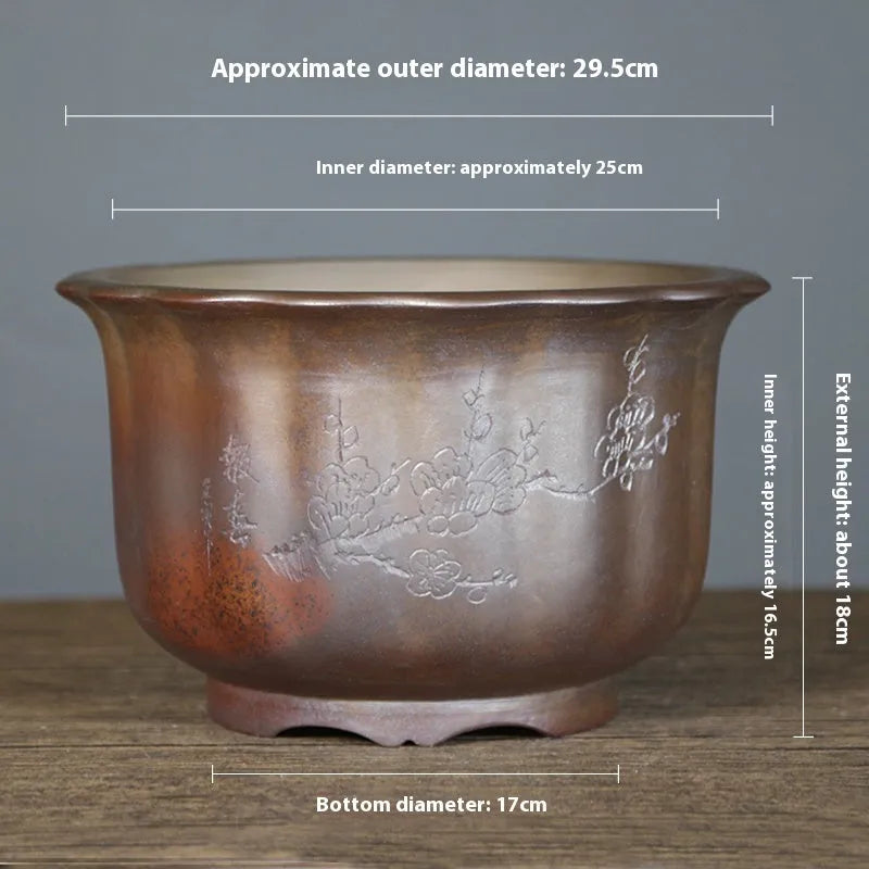Large indoor ceramic flower pot with wood burning antique carved finish and purple sand material