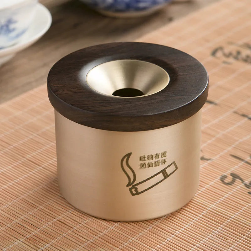 Creative retro brass ashtray with wooden lid in copper construction for living room use