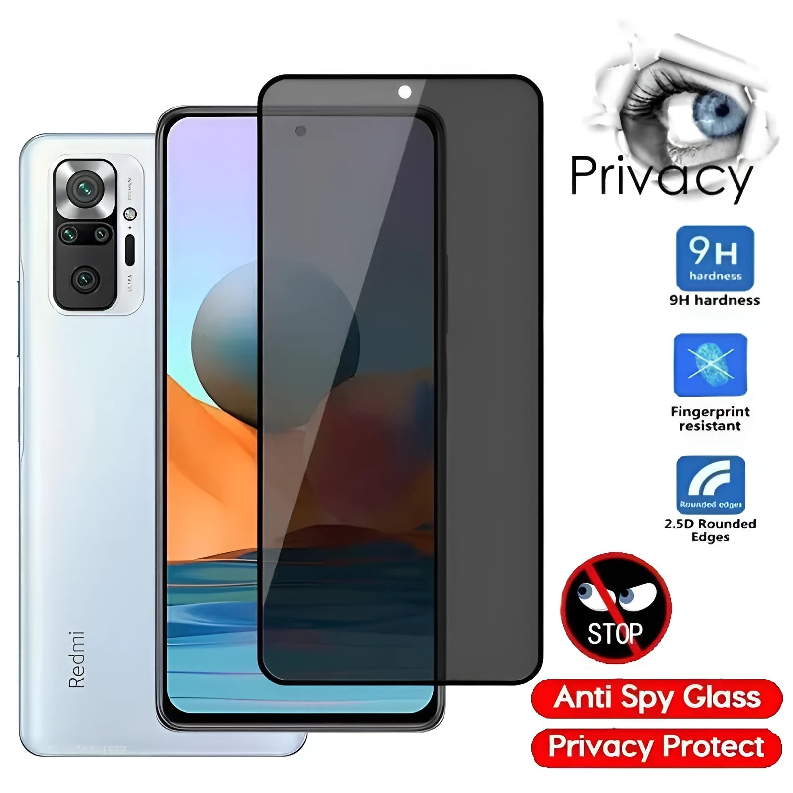 Privacy screen protector film for Poco and Redmi phones with anti-spy feature and application kit.