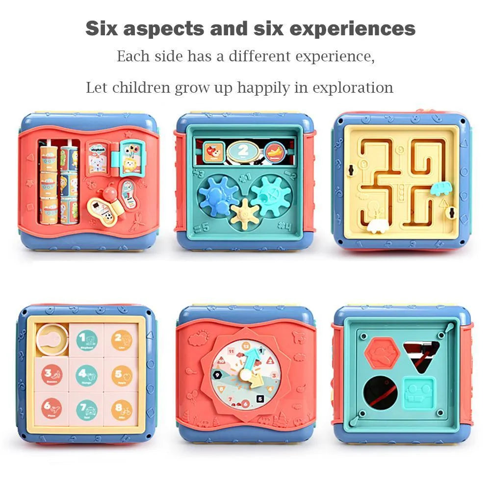Colourful hexahedron educational toy with six different Montessori activity faces including bead maze and clock