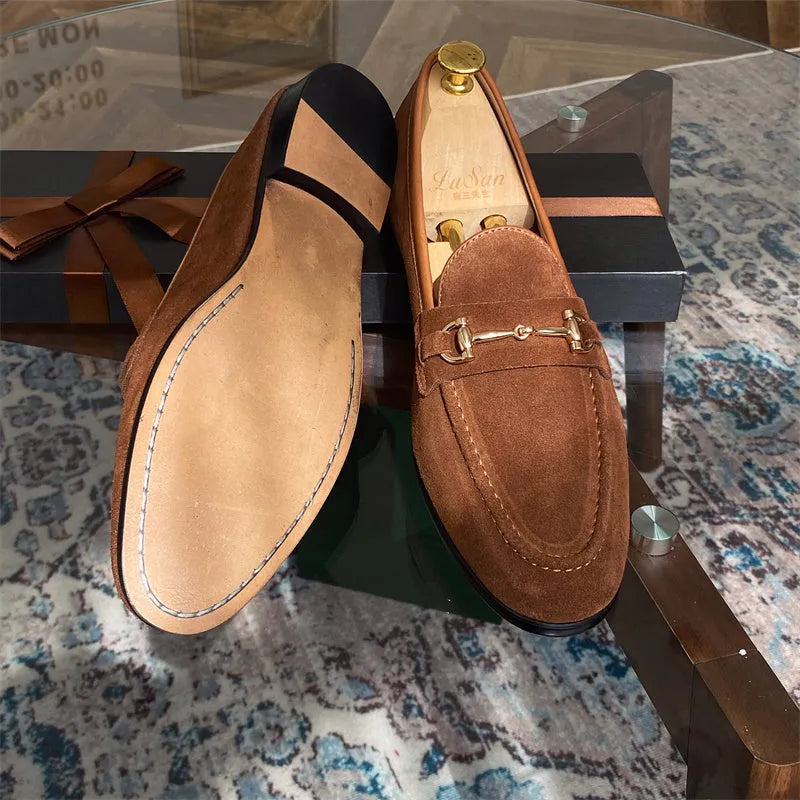 Men's soft structure suede horsebit slip-on shoes in dark brown with one-pedal design