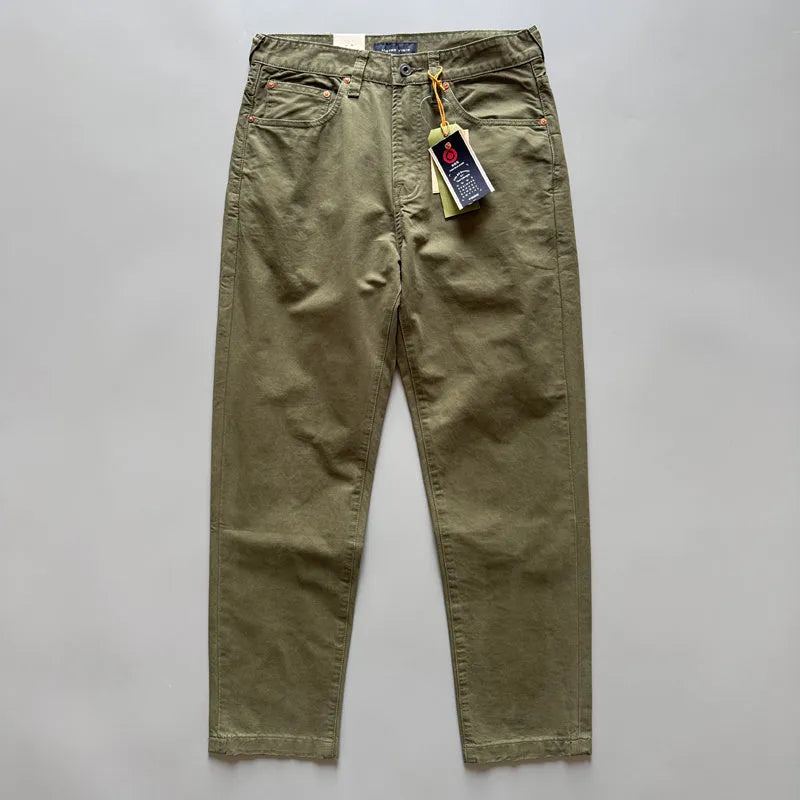 Men's straight-leg cotton trousers in grey, army green, or khaki showing retro casual style.