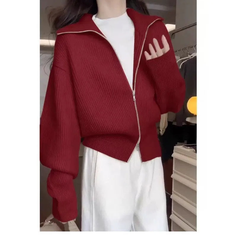 Hong Kong style double zipper knitted cardigan in loose fit with floral pattern