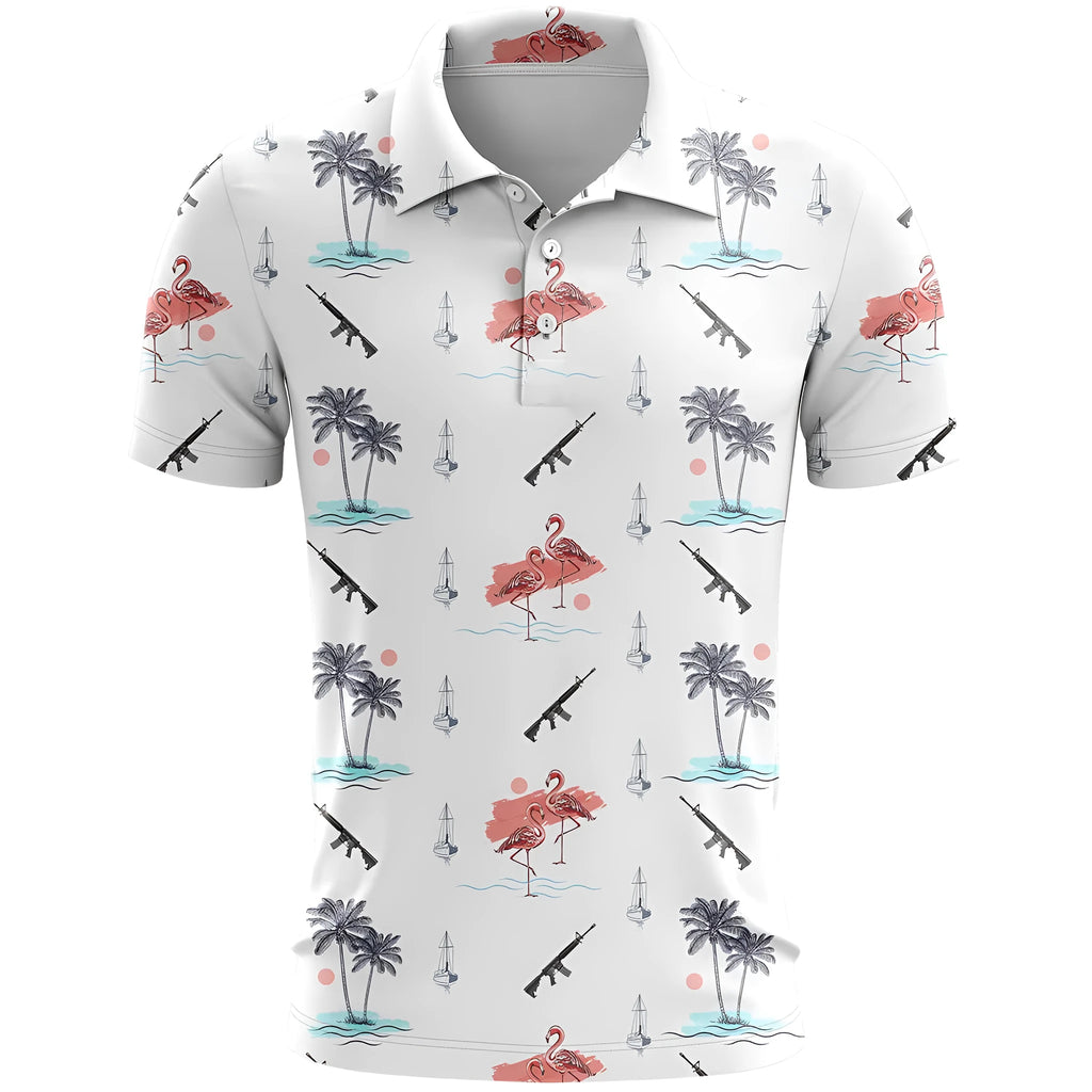 3D printed pattern sports short sleeve loose fit top in bird eye polyester fabric on a hanger.
