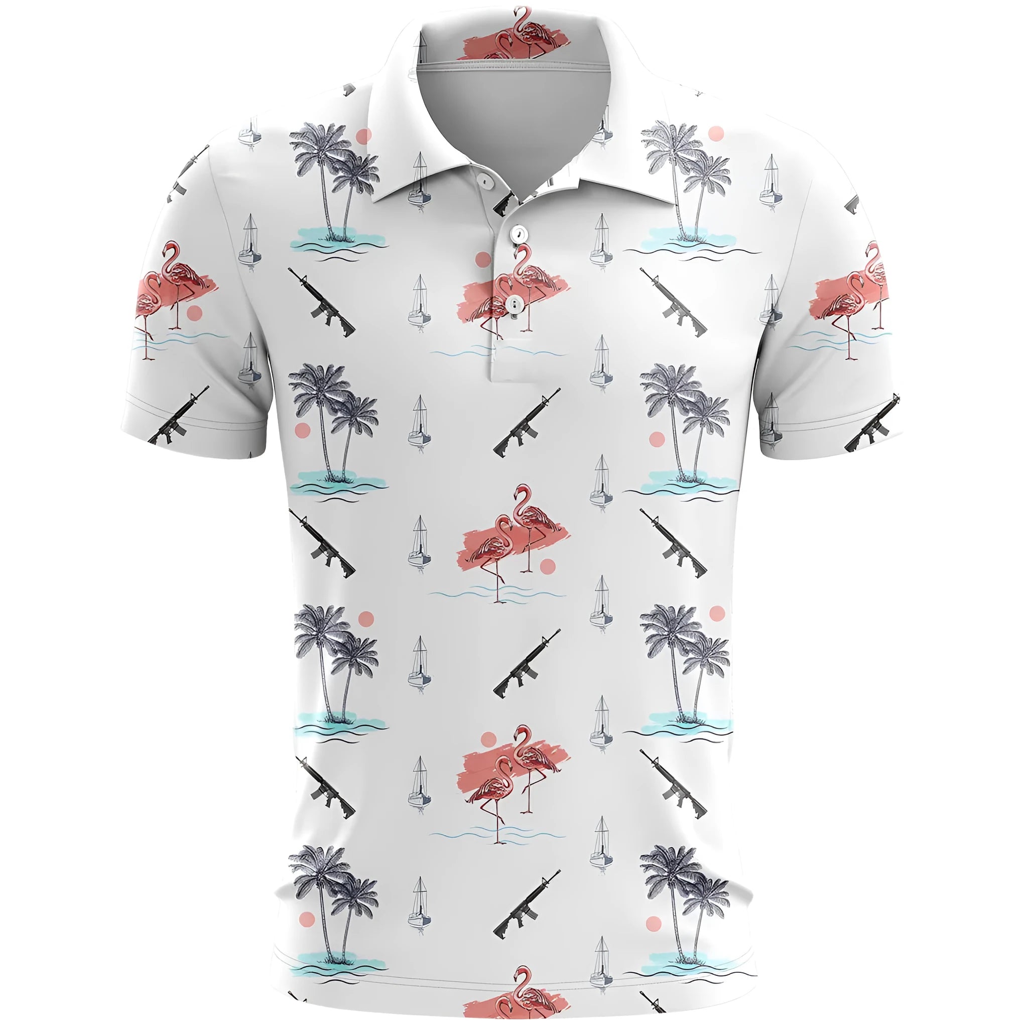 3D printed pattern sports short sleeve loose fit top in bird eye polyester fabric on a hanger.