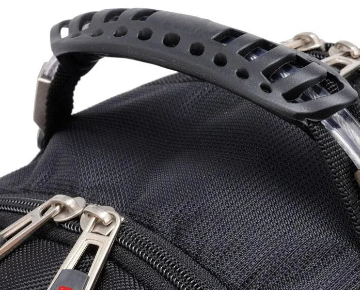Black business computer backpack with three compartments showing laptop storage and organisational pockets