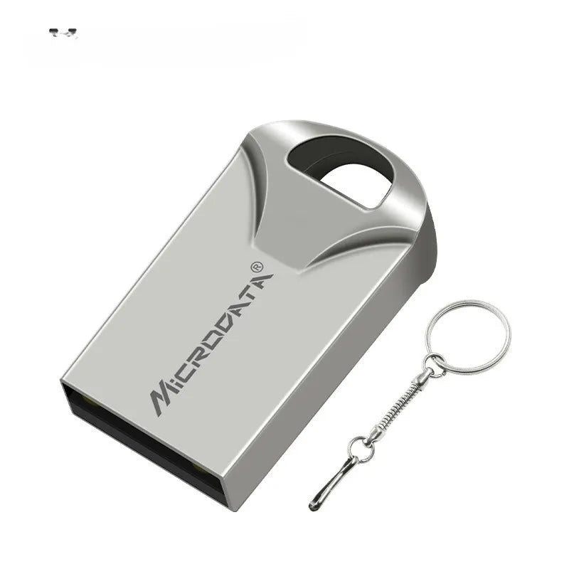 Miniature silver car-shaped metal USB flash drive on a necklace chain.