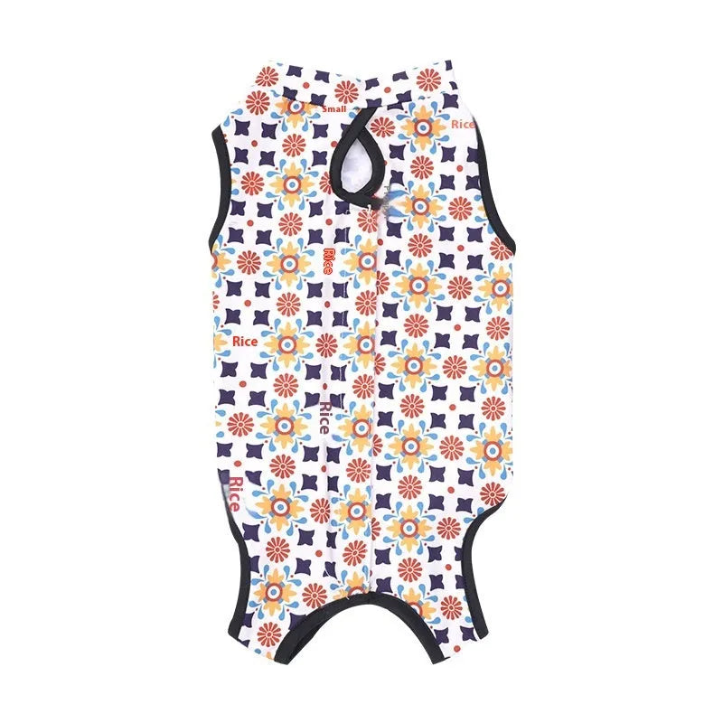 Polyester cat recovery suit with Velcro fasteners for post-sterilisation wound protection in various colours.