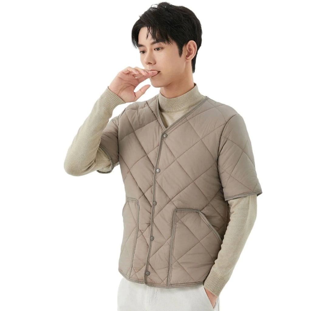 Men's short sleeve fleece lined velvet thermal cardigan jacket in black nylon