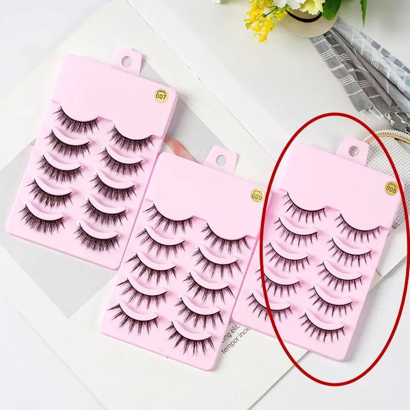 Pack of natural wispy Korean false eyelashes for anime cosplay, showing styles 007, 008, and 009.