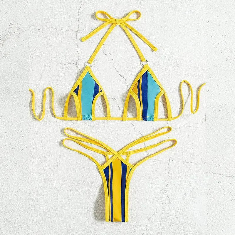 Yellow women's neck-hanging split swimsuit with backless design and high-waist shorts.