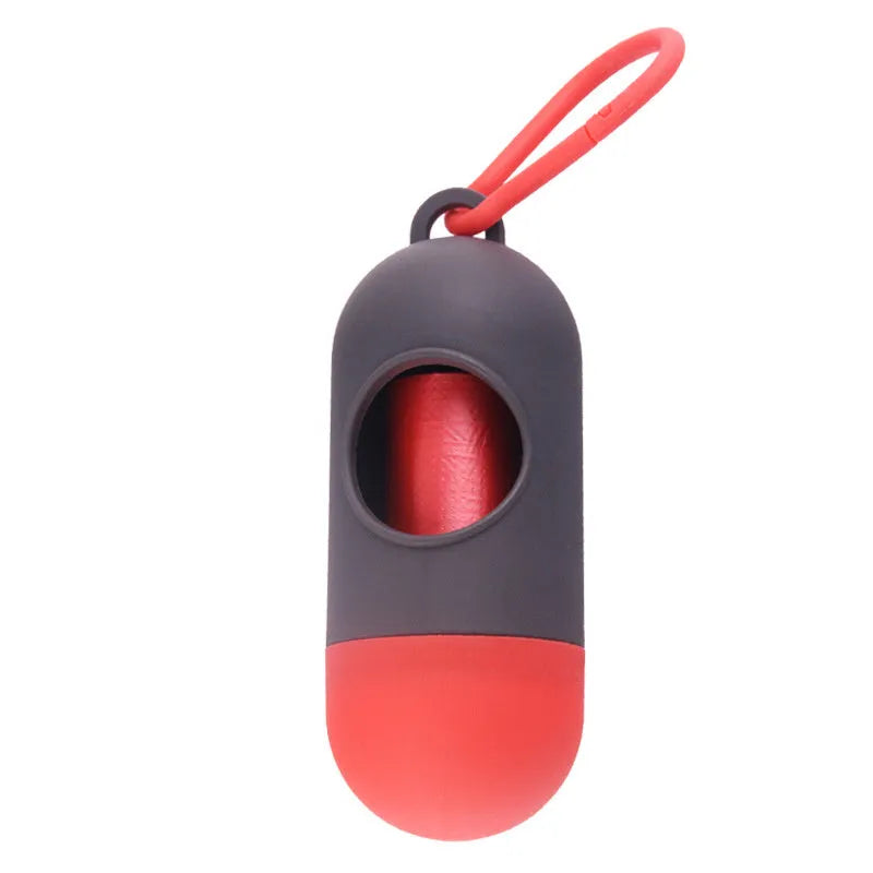 Small square dog waste bag dispenser with a metal side hook, shown in various colours.