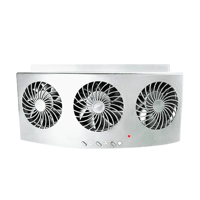 Black and white car ventilation fan for exhaust odour with USB cable on a car seat