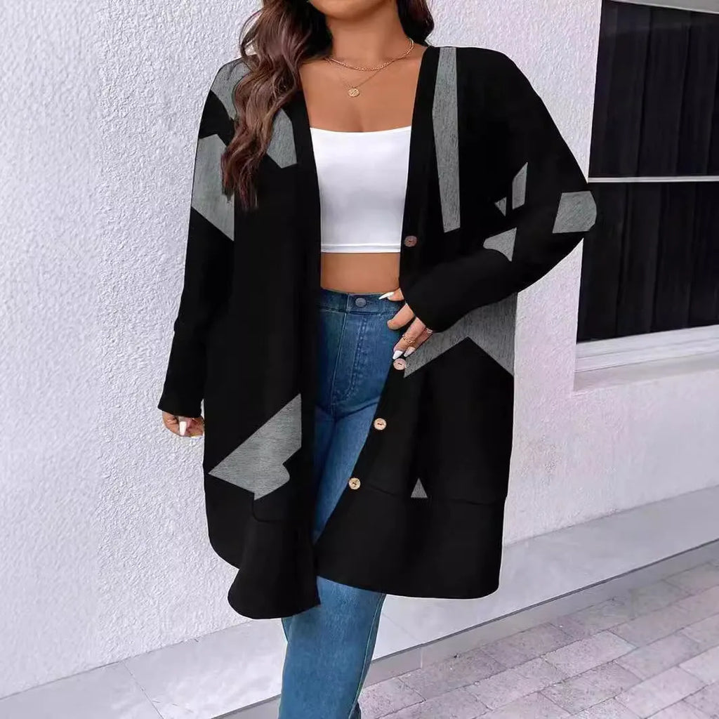 Black plus size loose knit cardigan coat with button front and stitching details