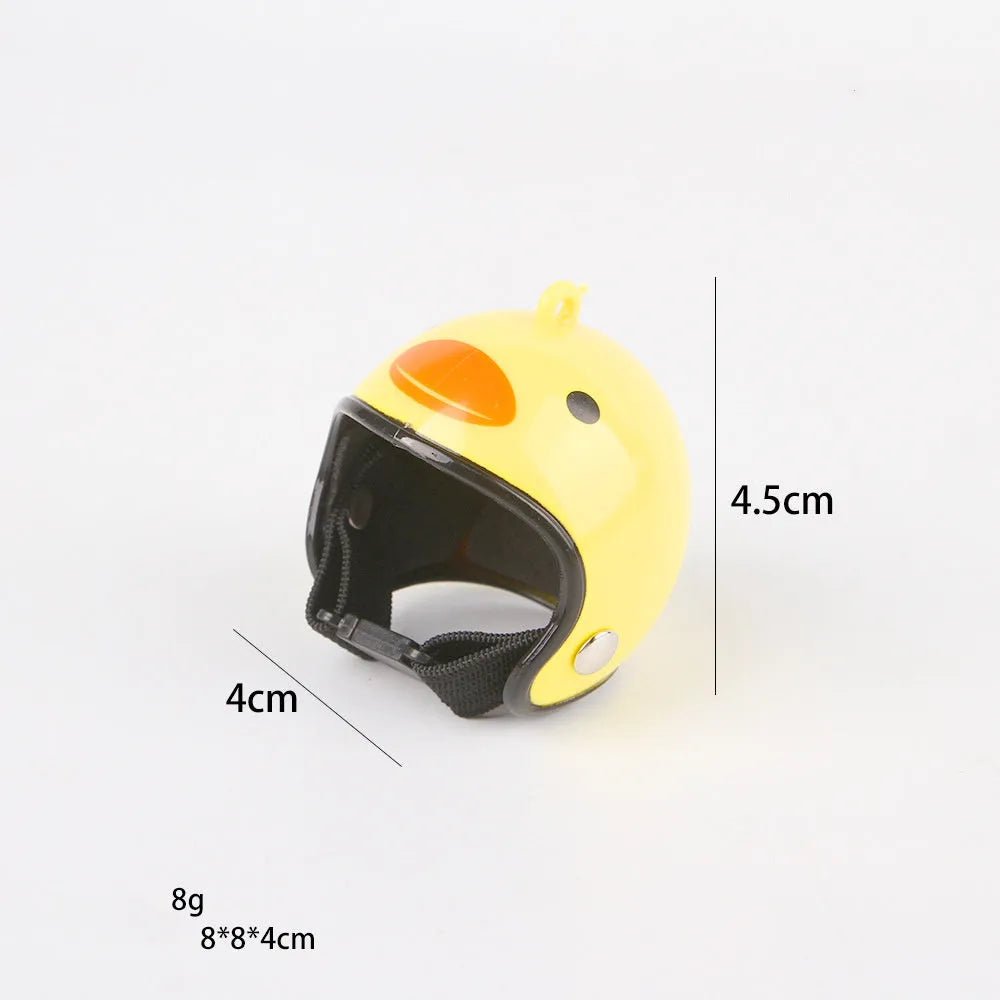 Small hard plastic pet helmet with elastic adjustment straps and sponge lining for chickens and birds