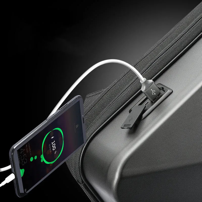 Hard-shell PC gaming backpack with lock showing internal organisation compartments and double shoulder straps