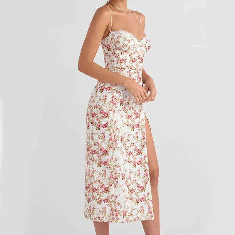 Women's long dress with lace flowers print, slit detail, and suspender straps in solid colour