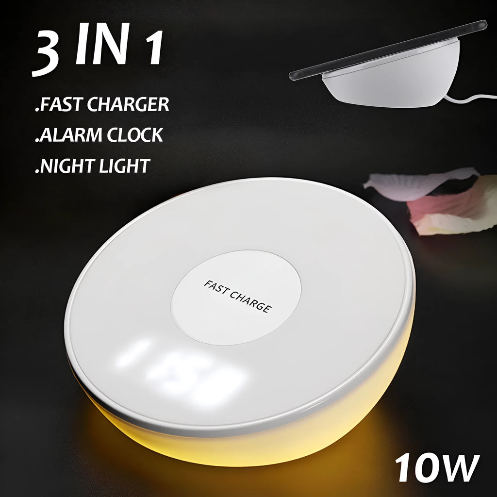 White wireless phone charger with digital clock display, three control buttons, and LED night light