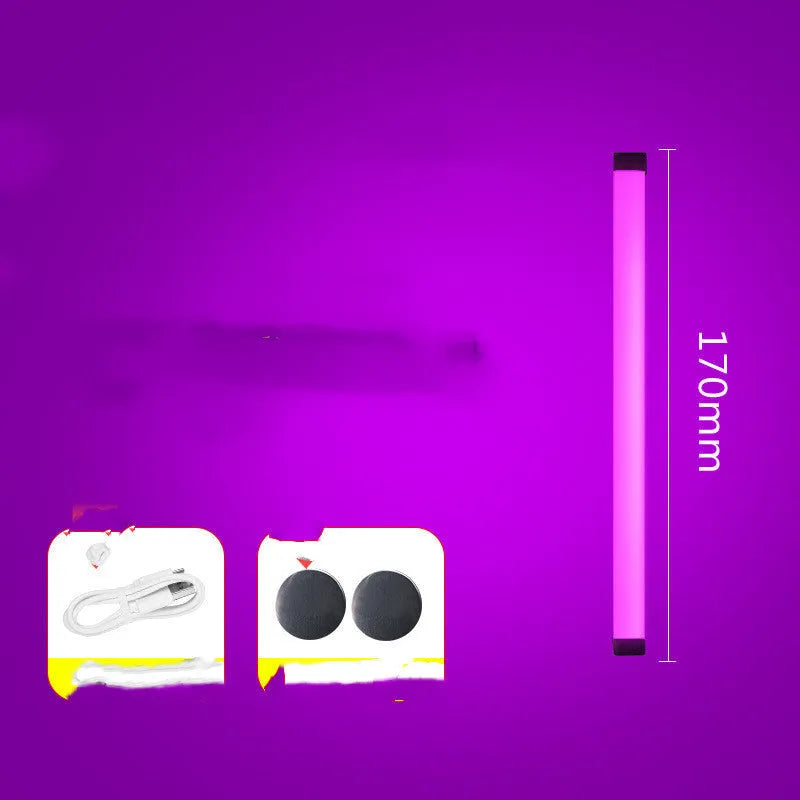 Blue and purple rechargeable LED tube night light with USB cable and dimmable switch.
