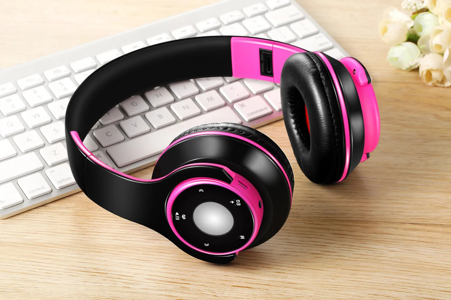 Blue, red, and rose red foldable wireless Bluetooth headset with adjustable hinges and MP3 support
