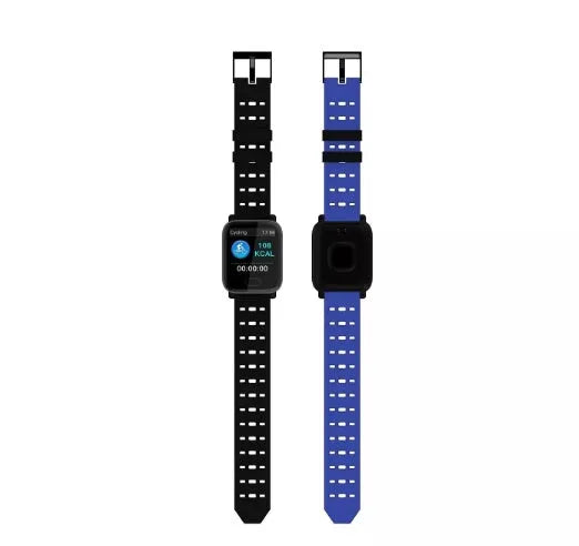 A6 smart bracelet with colour screen and silicone strap shown in black, blue, and orange colours