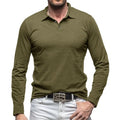 Men's polo collar long sleeve cotton T-shirt in American retro style, shown in dark grey.