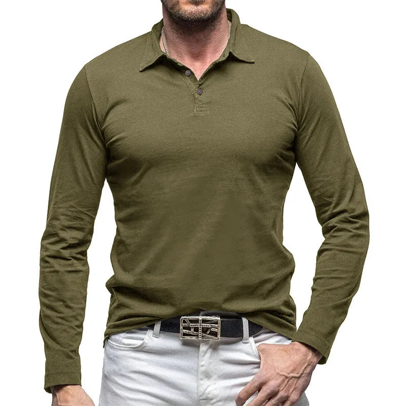 Men's polo collar long sleeve cotton T-shirt in American retro style, shown in dark grey.