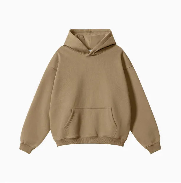 A loose-fit men's hooded sweater in 450g terry cotton with drop shoulders, shown in a solid colour.