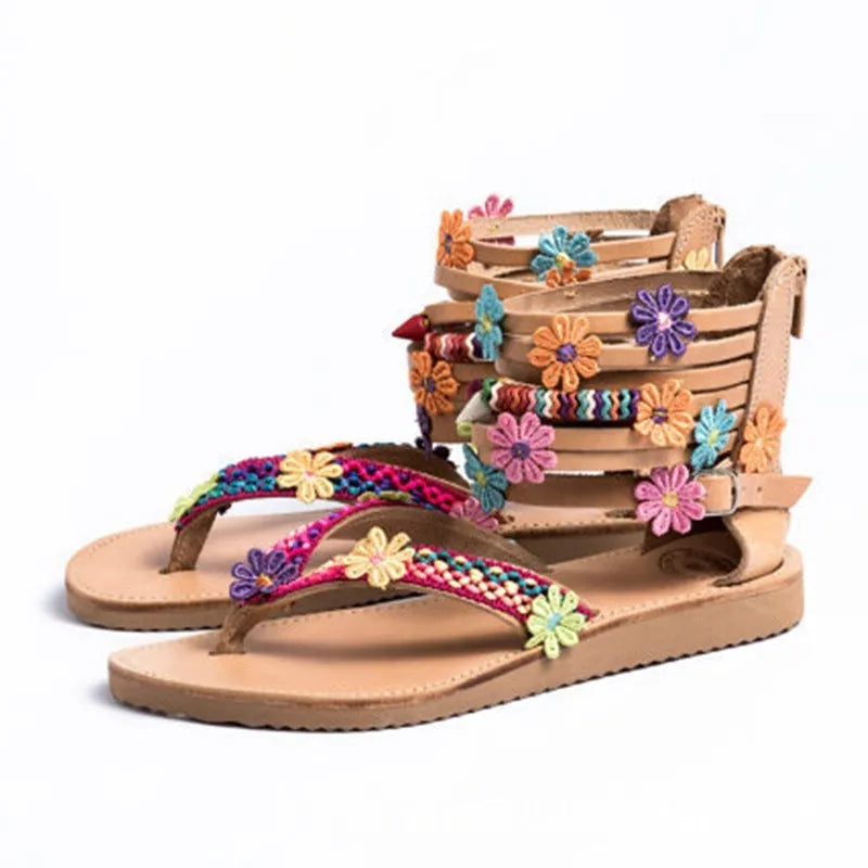 Women's ethnic style Roman sandals with artificial PU upper and decorative flower petals with beads