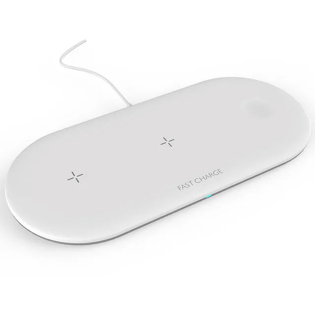Black 3-in-1 wireless charging station for Apple Watch, phone, and headphones on a desk.