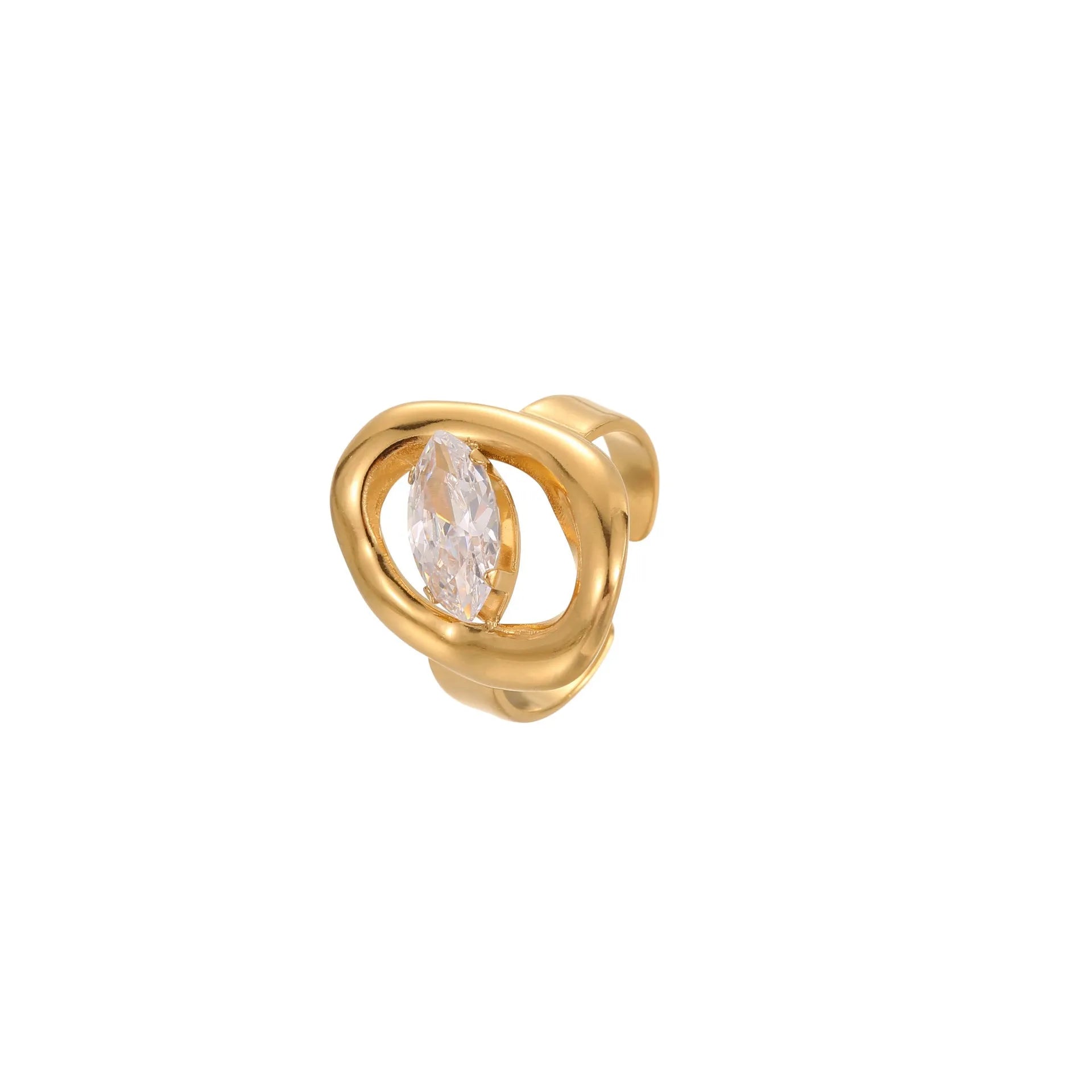 Women's geometric zircon ring with adjustable open mouth design on a hand.