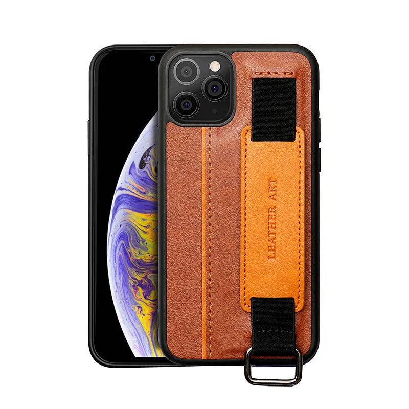 Brown imitation leather iPhone case with adjustable wrist strap attached