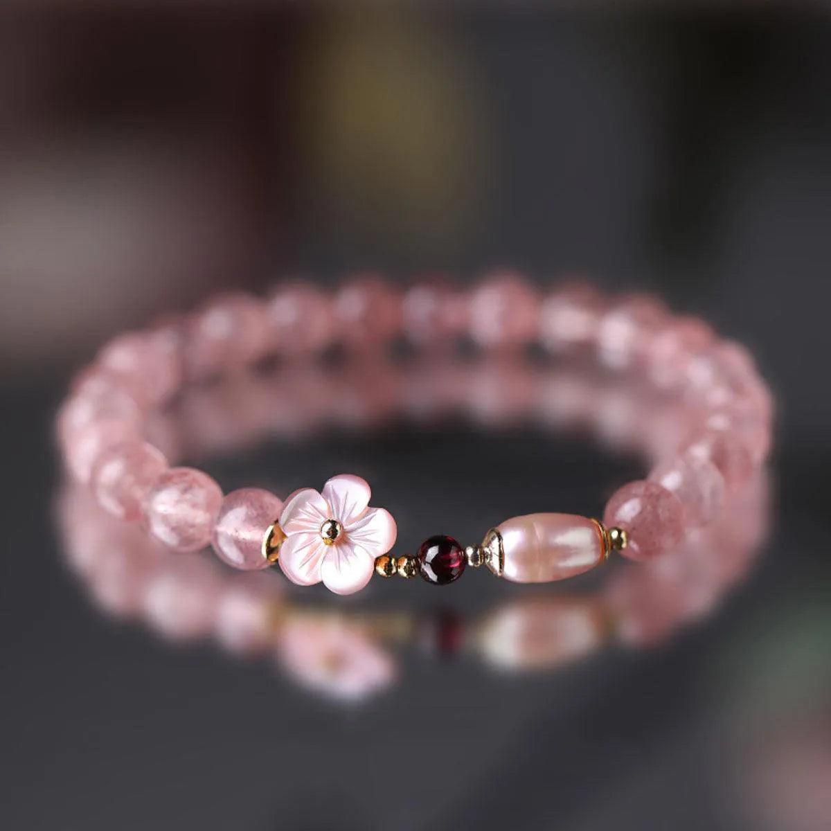 Clear crystal bracelet with floral peach blossom charm for women's casual jewellery