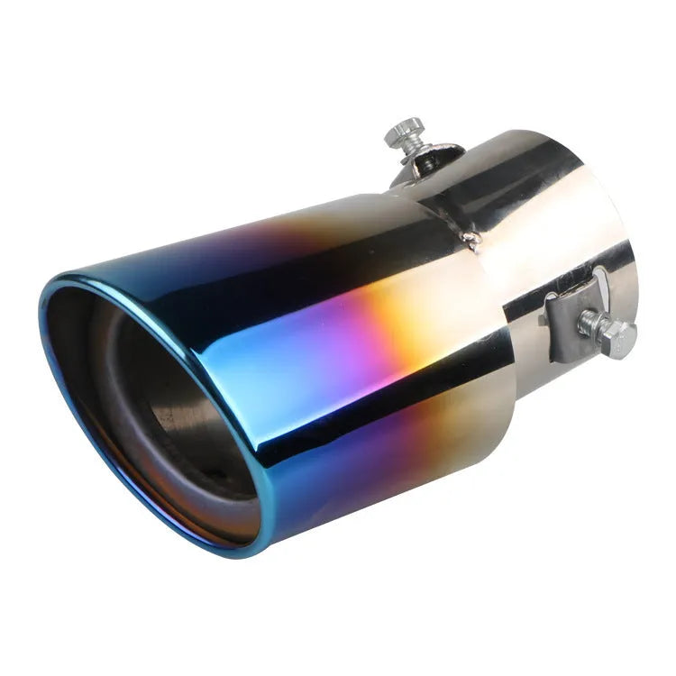 Stainless steel universal car exhaust tailpipe showing straight and curved shape options in different finishes.