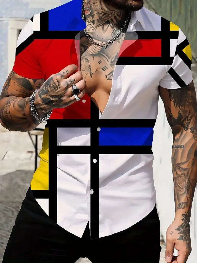 Men's geometric line print lapel short sleeve shirt in slim fit polyester