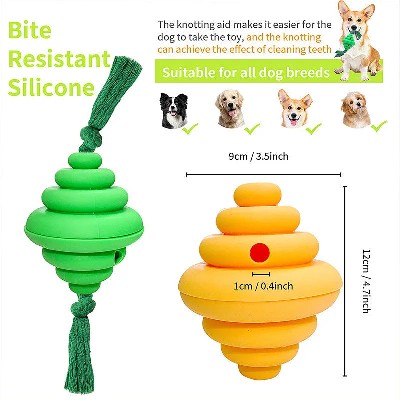 Green and yellow dog ball with knotted rope toy for large breed interactive play and treat dispensing
