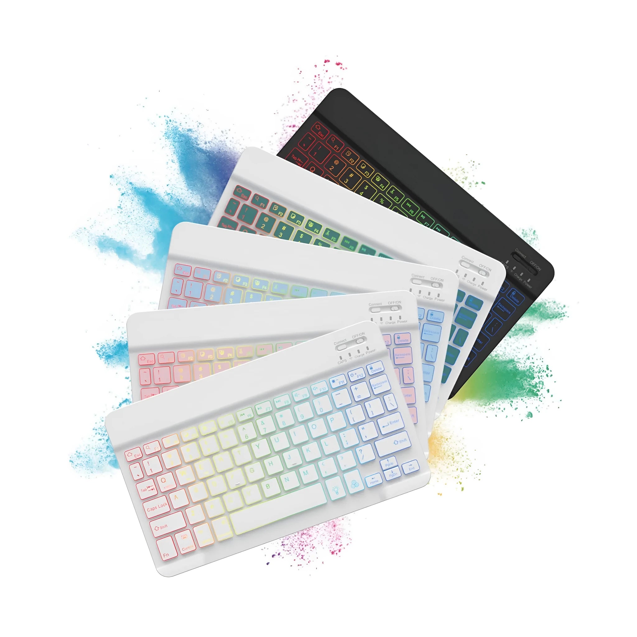 10-inch backlit Bluetooth keyboard for tablets showing eight colour options including black, white, pink, blue, green, purple, yellow, dark green