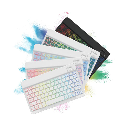 10-inch backlit Bluetooth keyboard for tablets showing eight colour options including black, white, pink, blue, green, purple, yellow, dark green