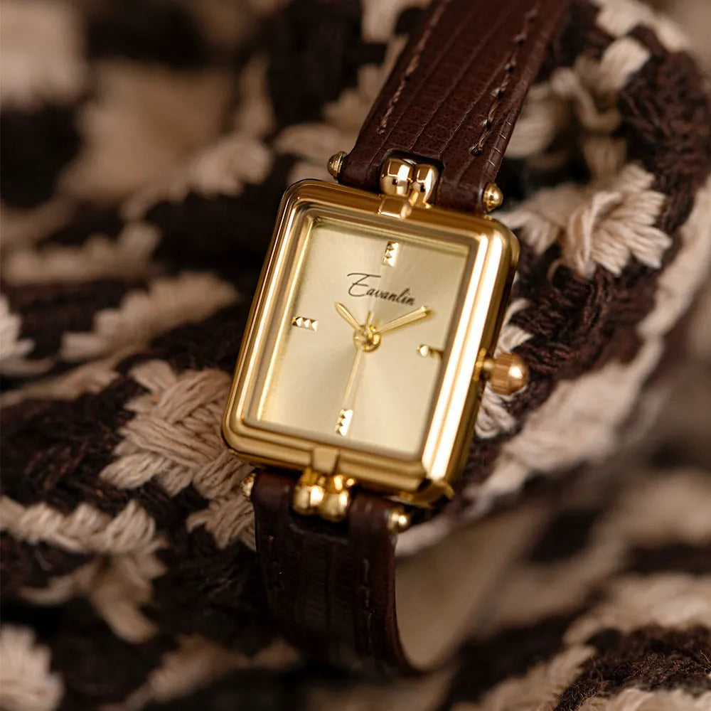 Women's retro small square watch with black leather strap and gold frame, 8mm thickness