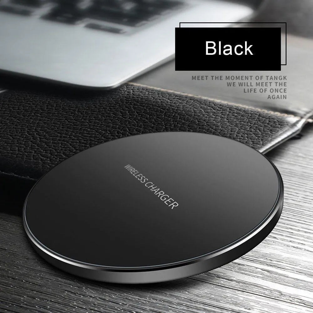 Black ultra-thin 98mm square wireless fast charging pad with USB cable for QI-enabled devices