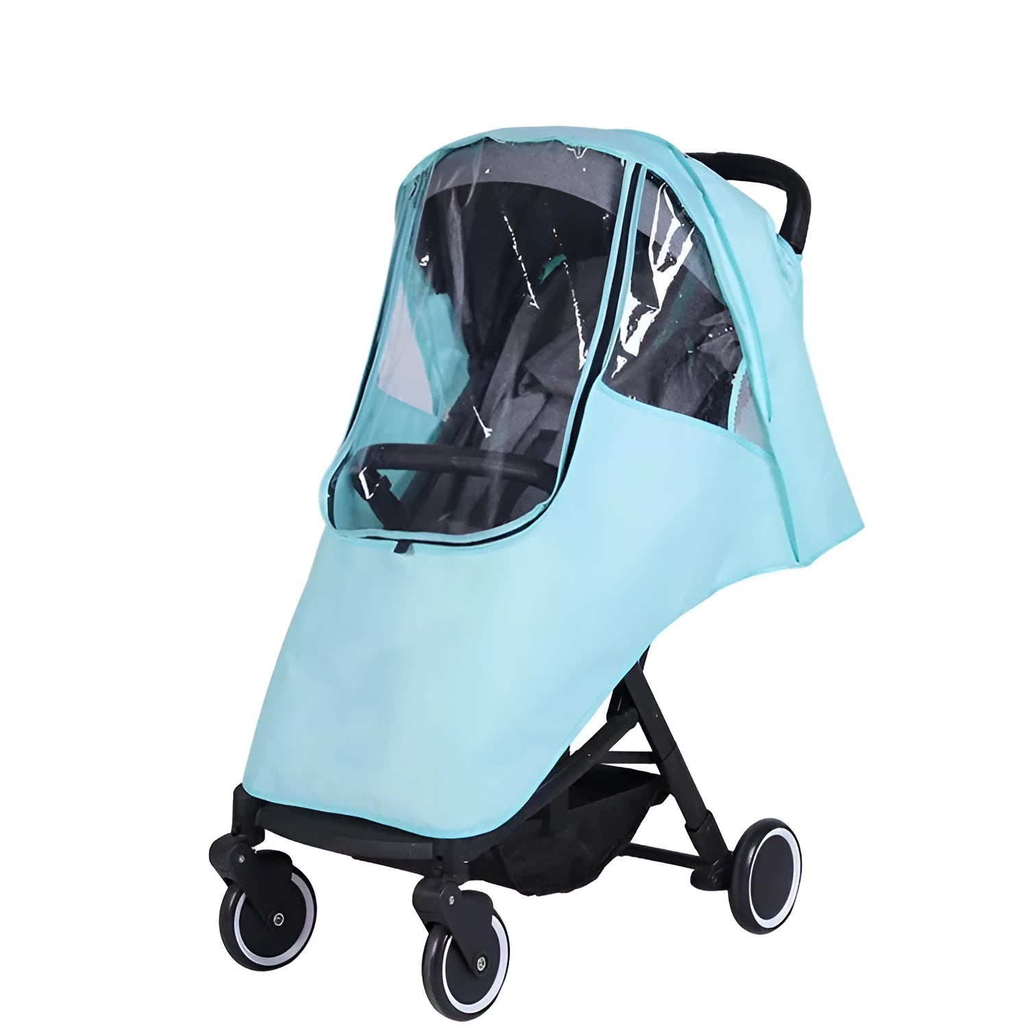 Universal baby stroller rain cover in blue with nonslip attachments on handle and pedal