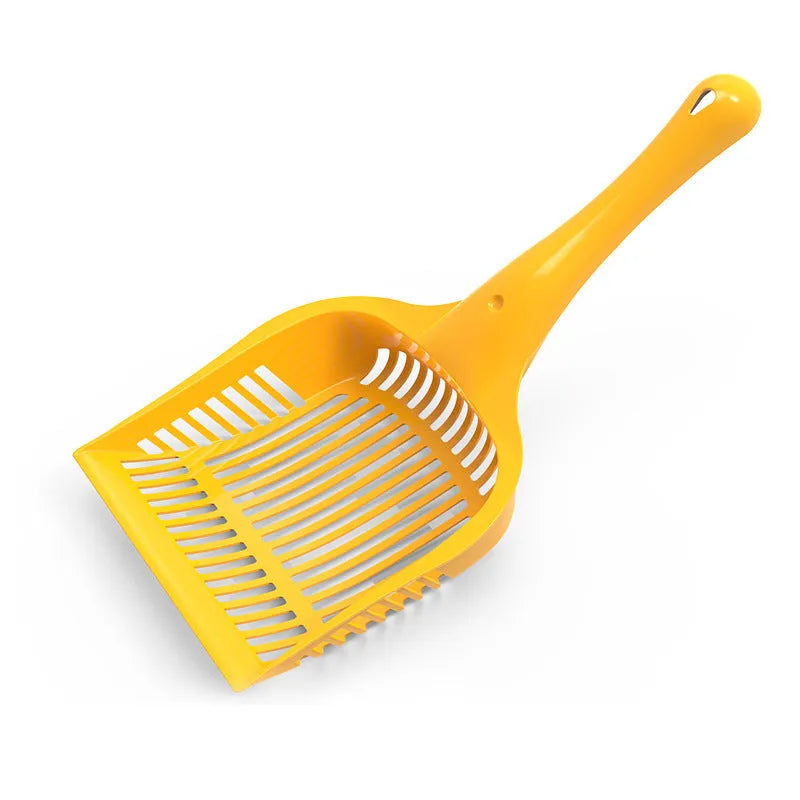 Plastic cat litter scoop in red, yellow or blue colour showing small and medium size options