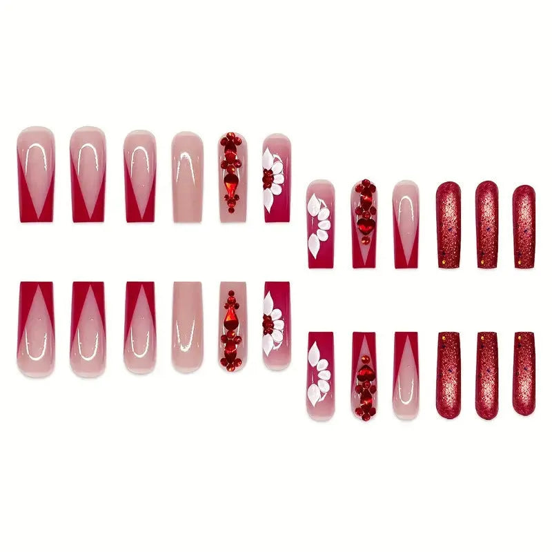 Flower-patterned artificial nails with red diamond accents in European square long shape